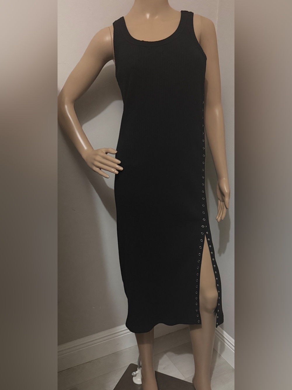 NSF Black Ribbed Snap Side Slit Midi Tank Dress M